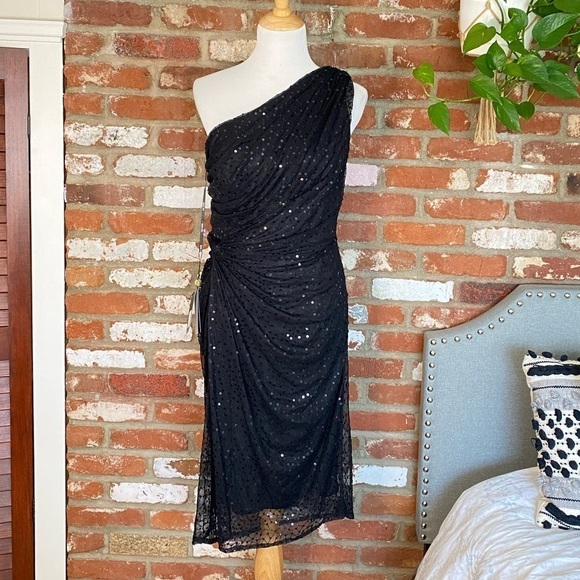 TADASHI SHOJI Black Mesh Sequin One Shoulder Dress size large Holiday New Years - Picture 3 of 10